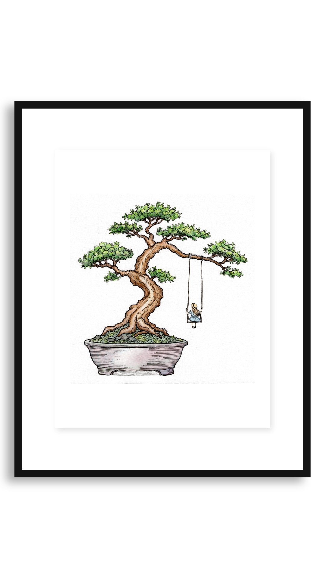Bonsai Swing art print in an 11x14 floating black frame