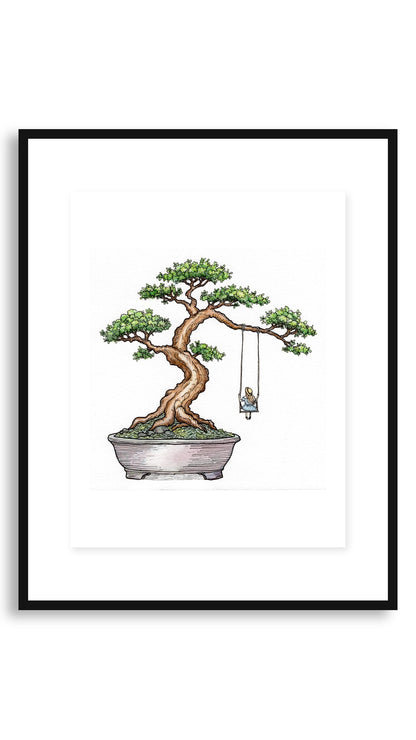 Bonsai Swing art print in an 11x14 floating black frame