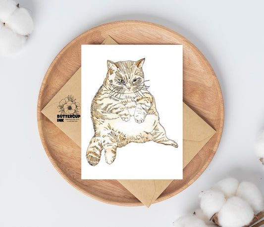 Fat Cat watercolor greeting card on a wooden plate with kraft envelope