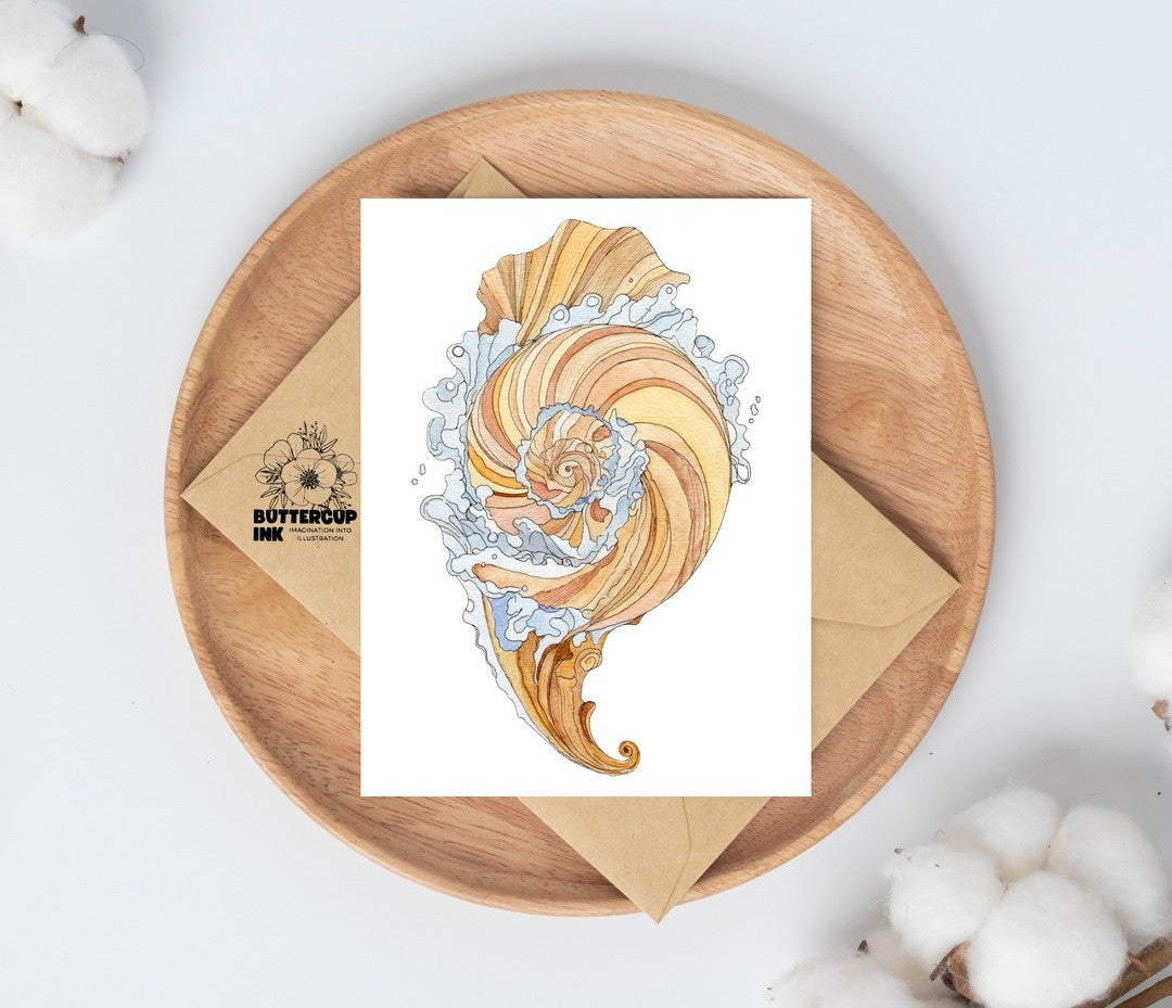 Kona Shell Study watercolor greeting card on a wooden plate with kraft envelope
