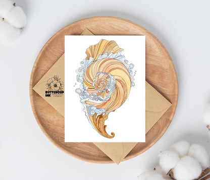 Kona Shell Study watercolor greeting card on a wooden plate with kraft envelope