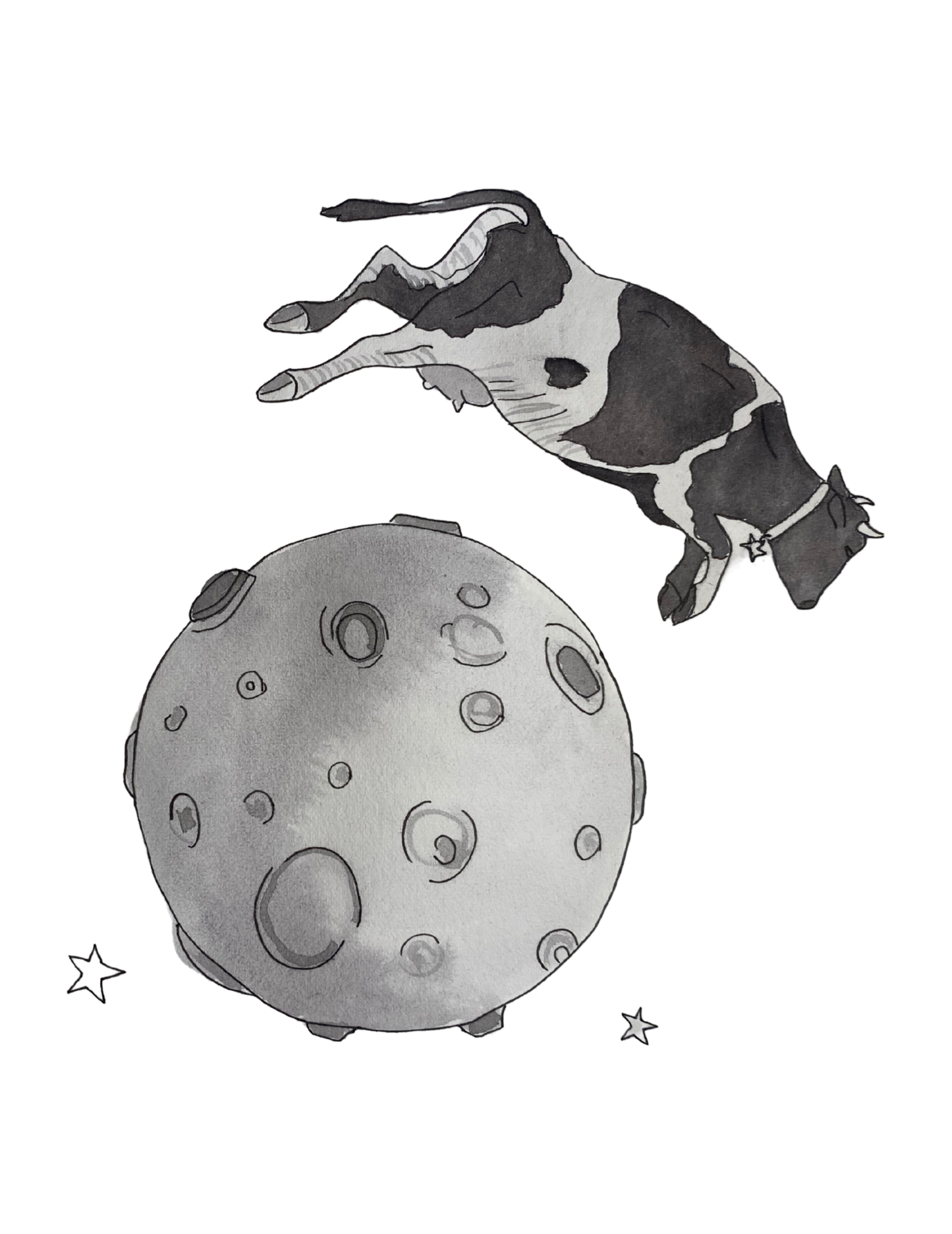 Moon — cow jumping over the moon, hand-drawn ink and watercolor art print, Buttercup Ink