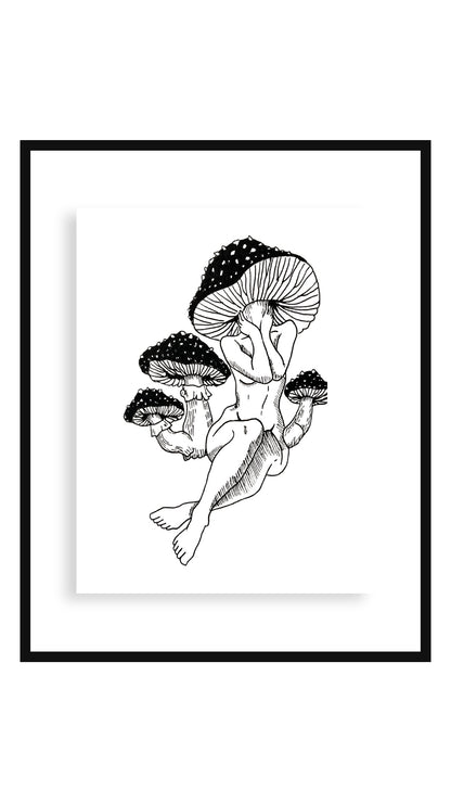 Mushroom art print in an 11x14 floating black frame — Buttercup Ink