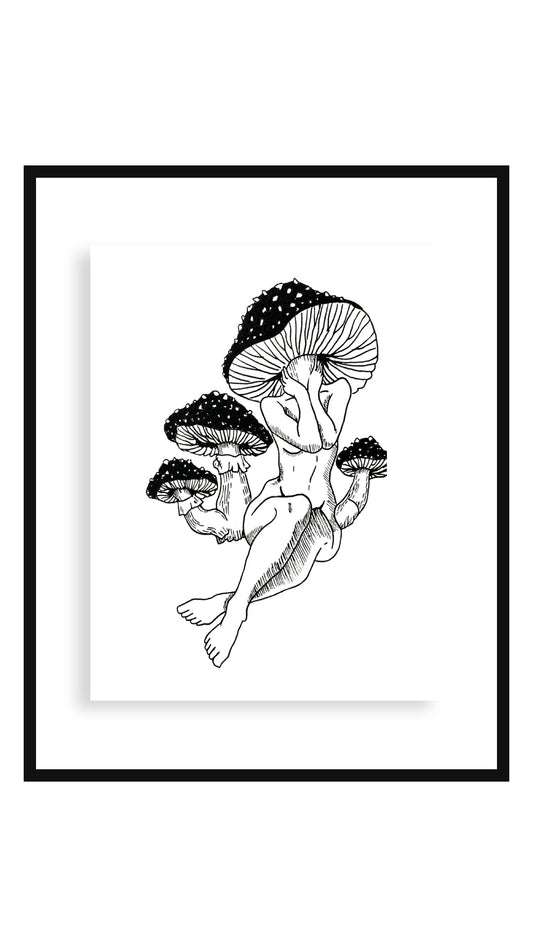 Mushroom art print in an 11x14 floating black frame — Buttercup Ink