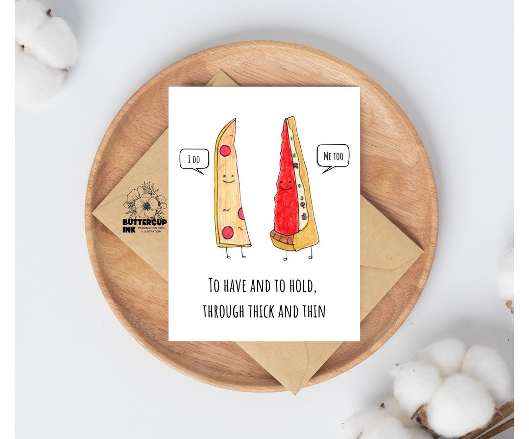 Pizza Love greeting card on a wooden plate with kraft envelope