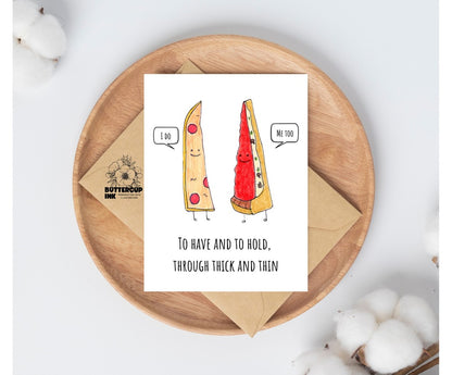 Pizza Love greeting card on a wooden plate with kraft envelope