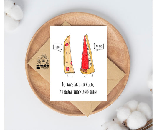 Pizza Love greeting card on a wooden plate with kraft envelope