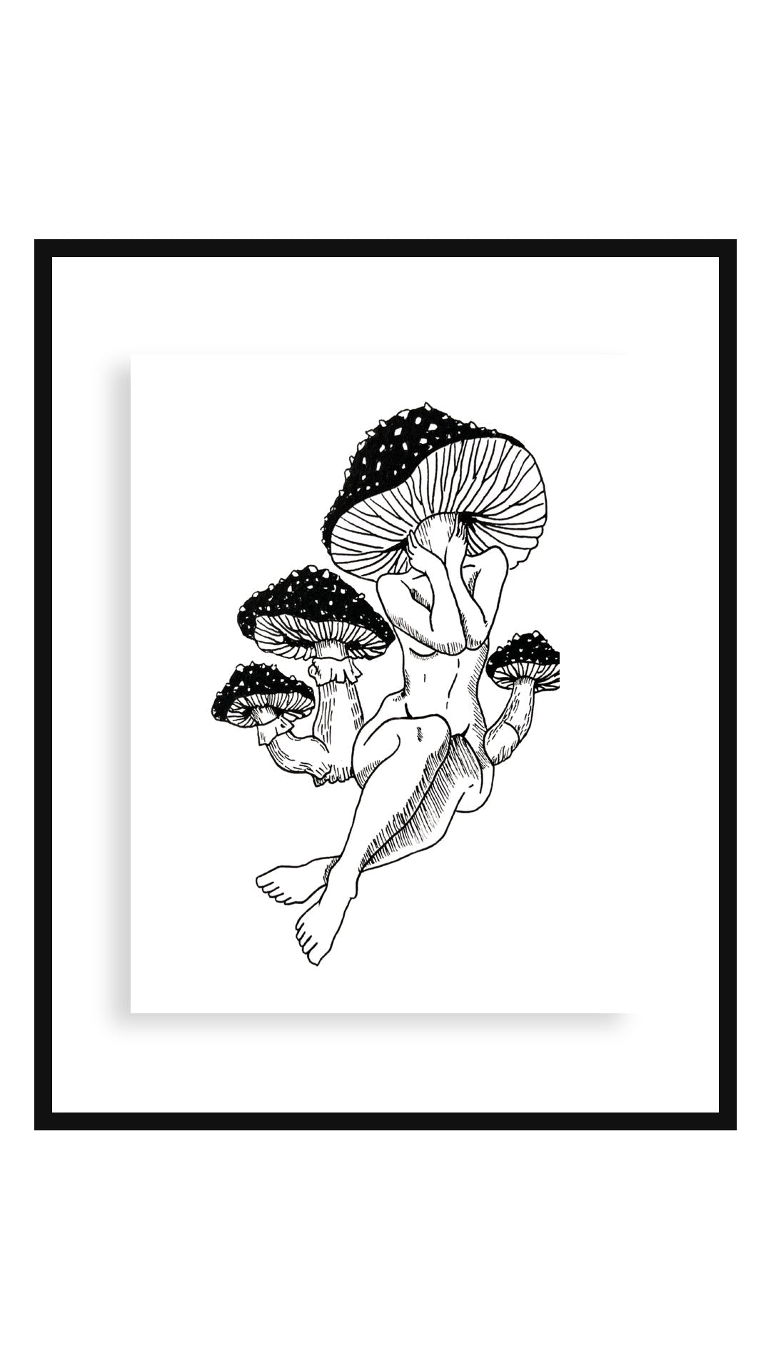 Mushroom art print, 11x14 floating black frame