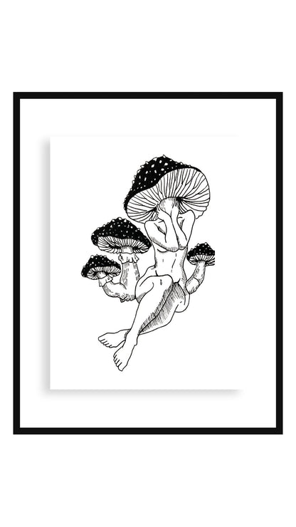 Mushroom art print, 11x14 floating black frame
