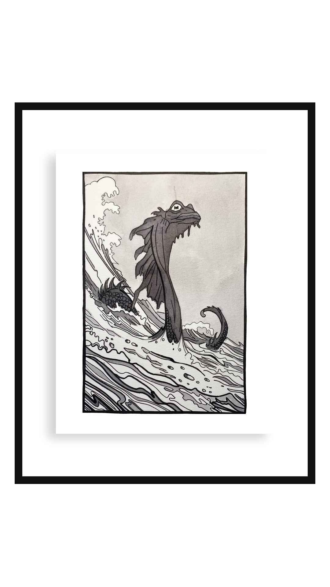 Sea Serpent art print, 11x14 floating black frame