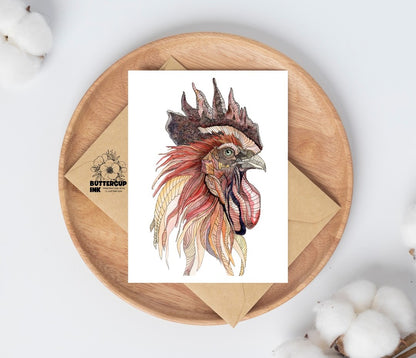 Rooster watercolor greeting card on a wooden plate with kraft envelope
