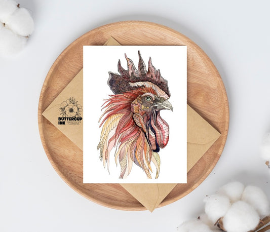 Rooster watercolor greeting card on a wooden plate with kraft envelope