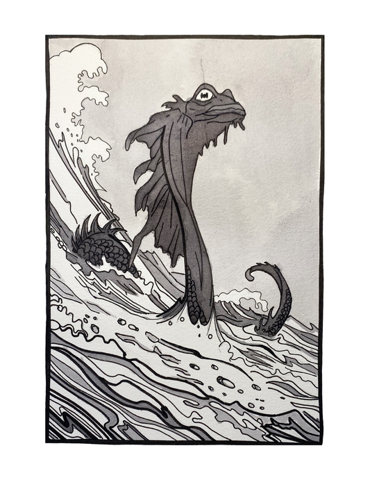 Sea Serpent — hand-drawn ink and watercolor art print with drawn border, Buttercup Ink