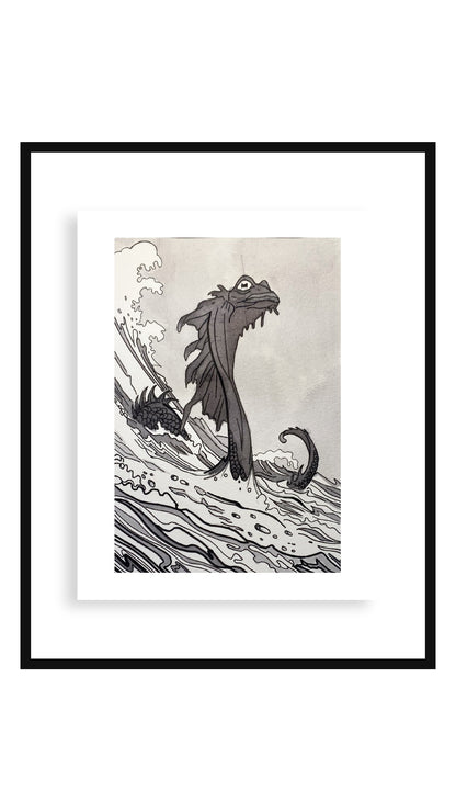 Sea Serpent art print in an 11x14 floating black frame — Buttercup Ink