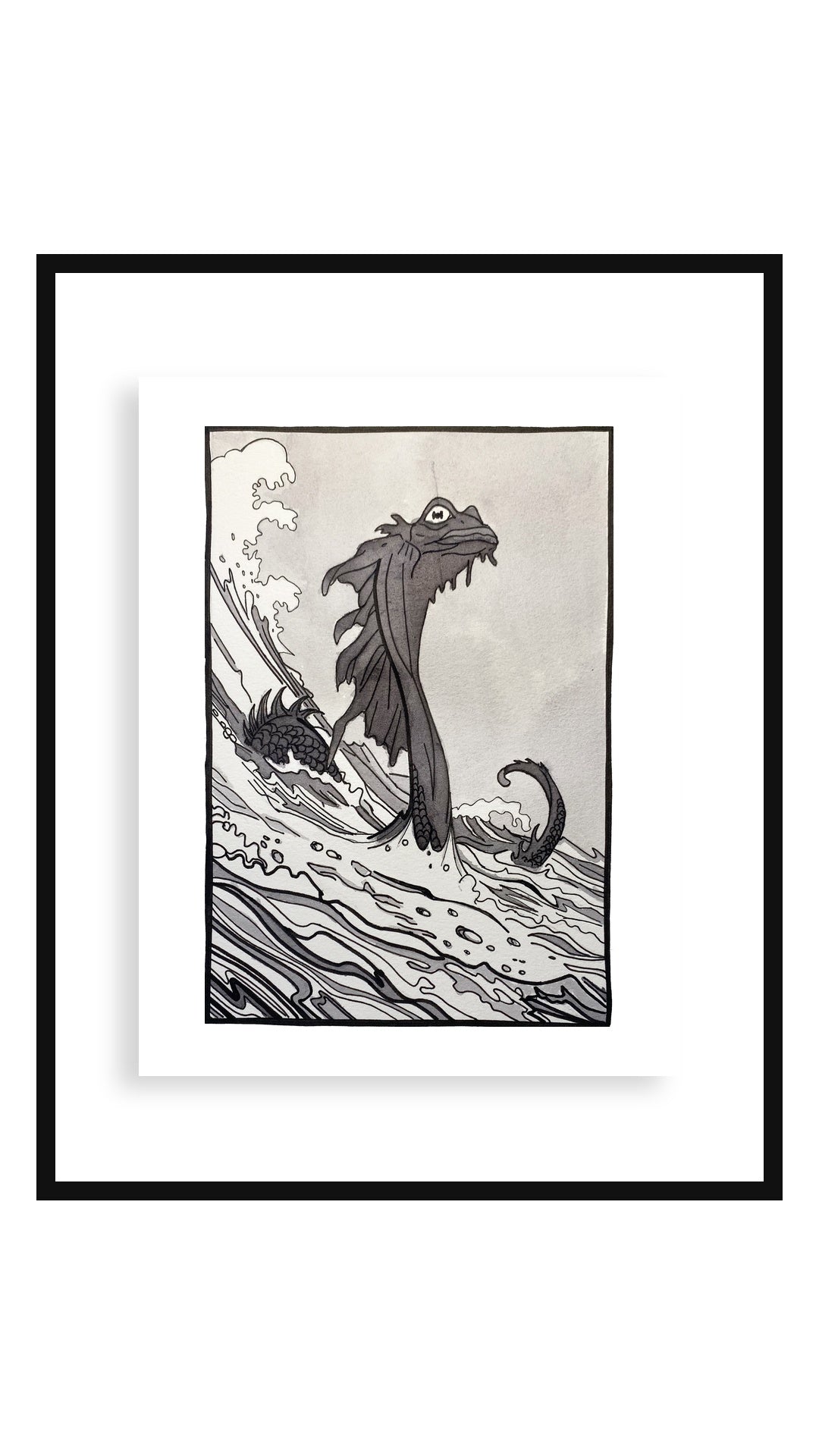Sea Serpent — hand-drawn ink and watercolor art print with drawn border, Buttercup Ink