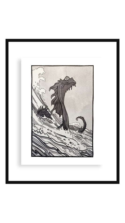 Sea Serpent — hand-drawn ink and watercolor art print with drawn border, Buttercup Ink