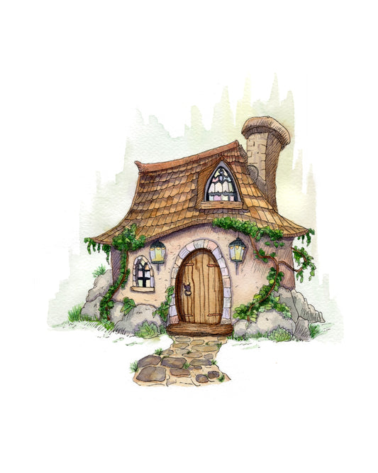 Stained Glass Cottage watercolor art print, unframed