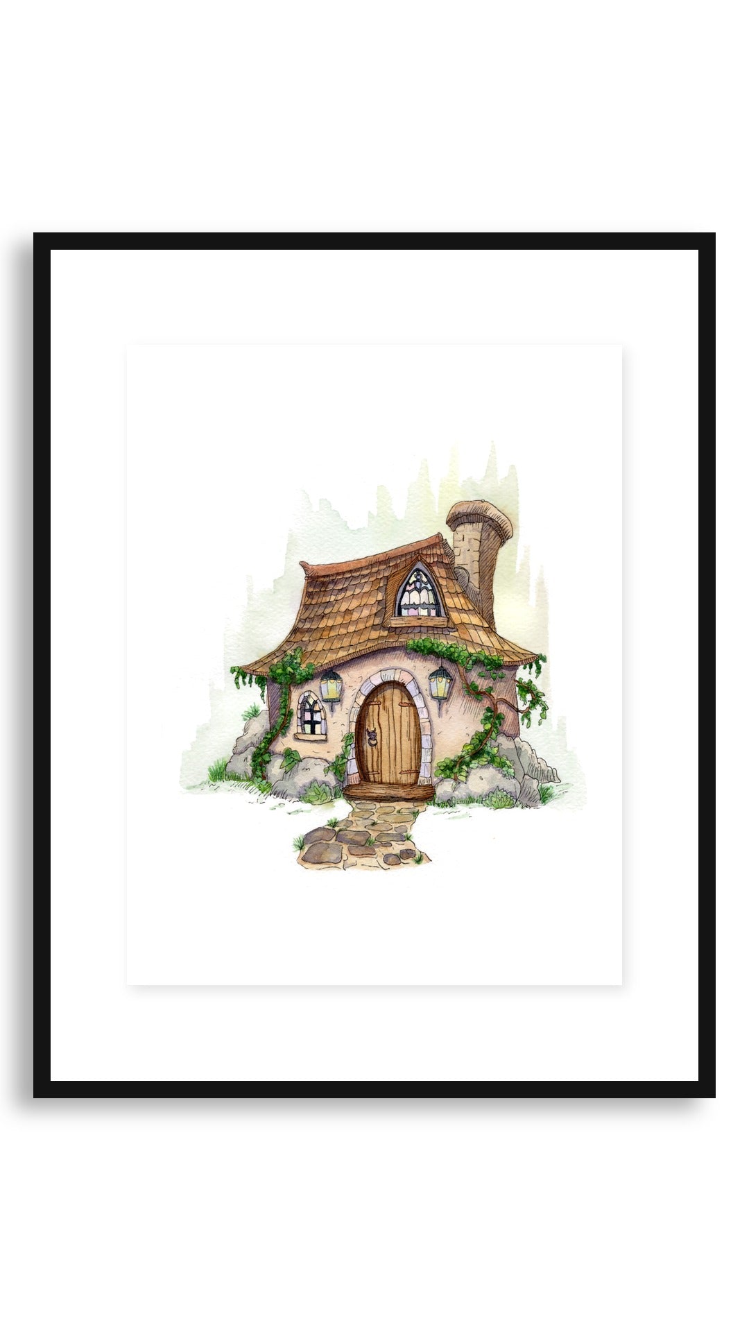 Stained Glass Cottage art print in an 11x14 floating black frame
