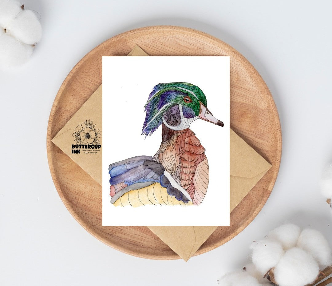 Wood Duck watercolor greeting card on a wooden plate with kraft envelope