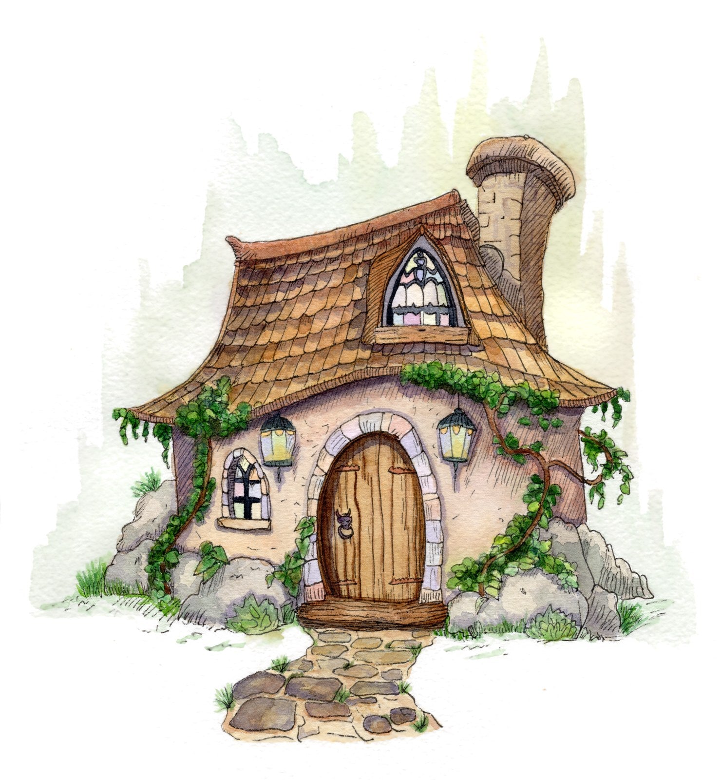 Stained Glass Cottage, original hand-drawn artwork by Kelsey Lopin