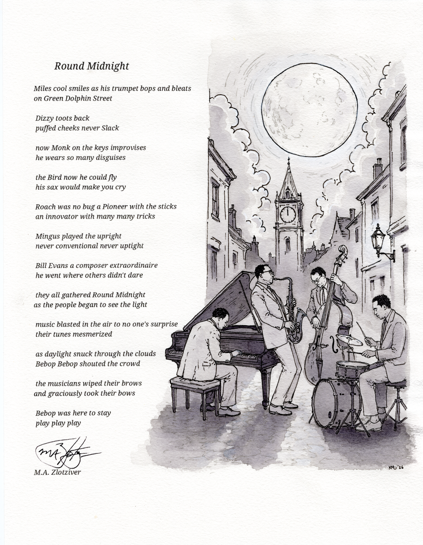 Round Midnight — hand-drawn ink illustration with poem, Buttercup Ink art print